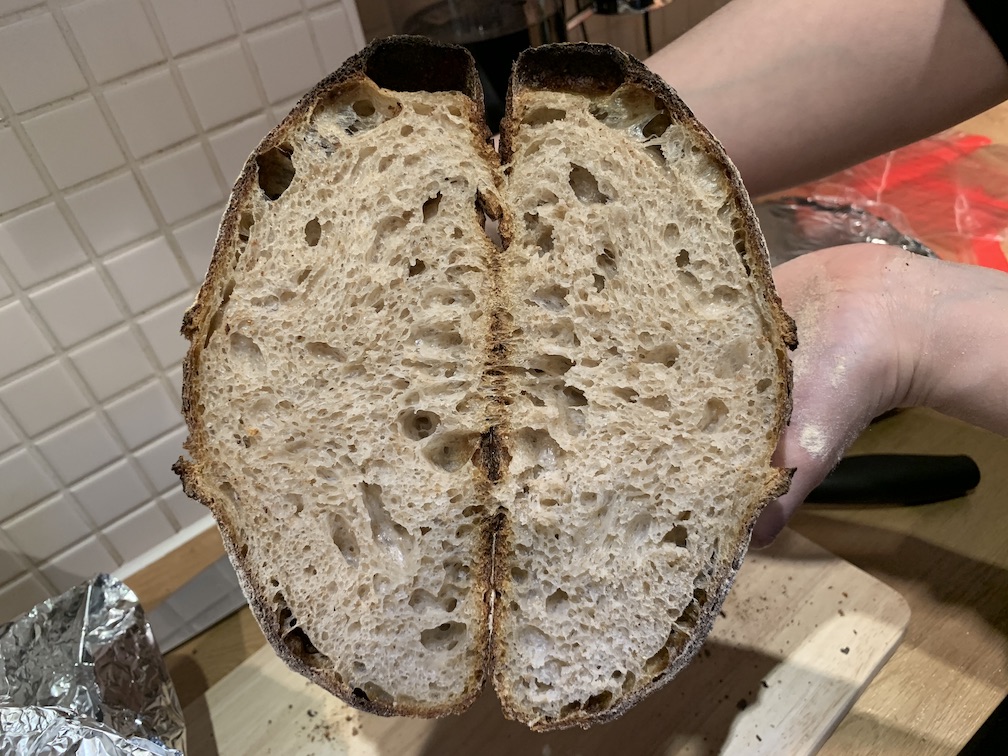A loaf cut in half to show the crumb
