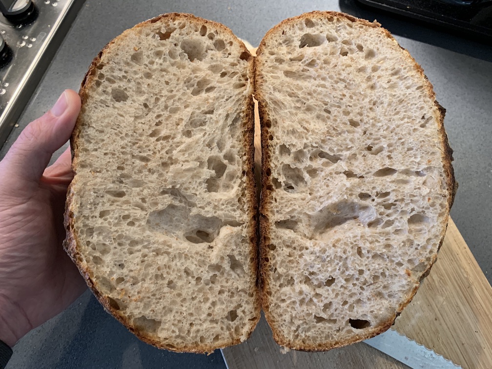 A cross-section of quite a tall loaf of sourdough